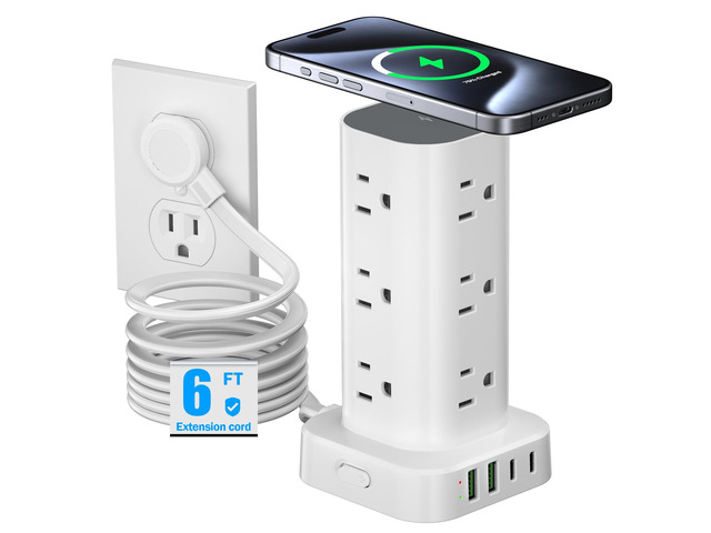 Tower Power Strip with 15W Wireless Charger, 6FT Flat Plug Extension Cord with Multiple Outlets, 12 AC Outlets, 4 USB Ports (2 USB C) Charging...