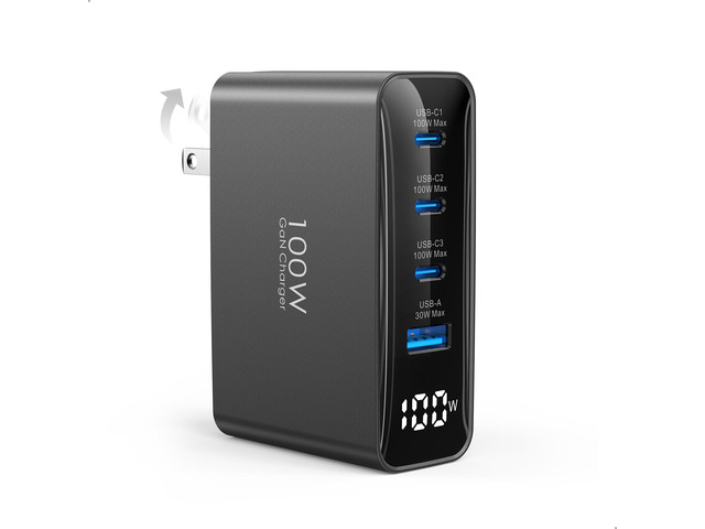 100W USB C Charger for MacBookCharger Block with LED DisplayBlack GaN Compact Foldable Charging Station for MacBook Pro/Air, iPad Pro, for iPhone...