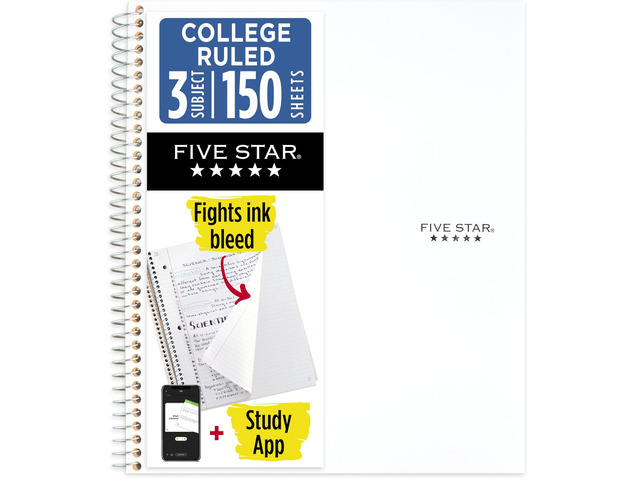 Five Star Spiral Notebook + Study App, 3 Subject, College Ruled Paper, 8-1/2' x 11', 150 Sheets, Fights Ink Bleed, Water Resistant Cover, White...