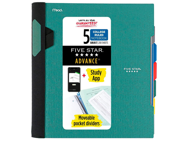 Advance Spiral Notebook + Study App, 5 Subject, College Ruled Paper, 8-1/2' x 11', 200 Sheets, Spiral Guard, Movable Tabbed Dividers, Seaglass...
