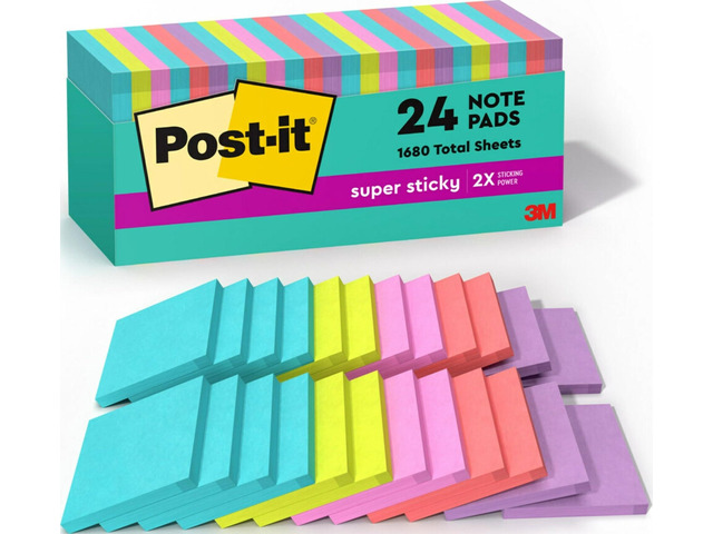 Super Sticky Notes, 3 x 3 in, Supernova Neons, 24 Pads School Supplies and Oce Supplies, 2X the Sticking Power