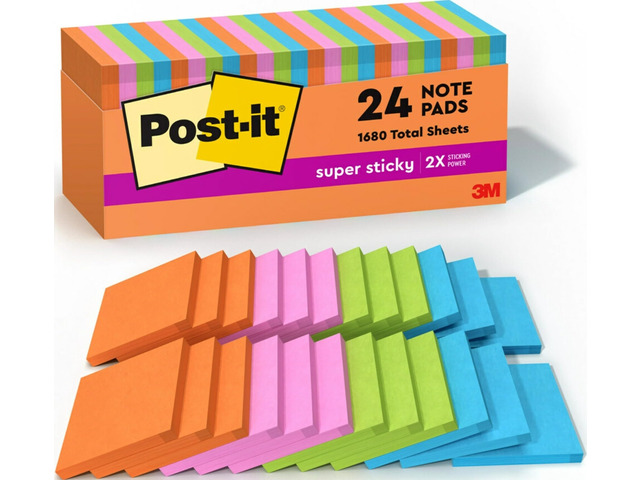 Super Sticky Notes, 3 x 3 in, Neon Fizz, 24 Pads, 70 Sheets/Pad School Supplies and Oce Supplies, 2X the Sticking Power