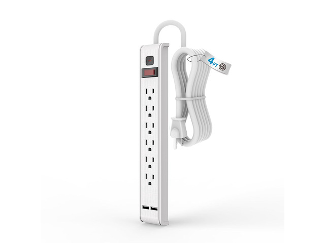 Power Strip Surge Protector with 6 Outlets & 2 USB Ports 600 Joules, 4 ft Extension Cord, Wall Mountable, ETL Listed, 15A/1875W