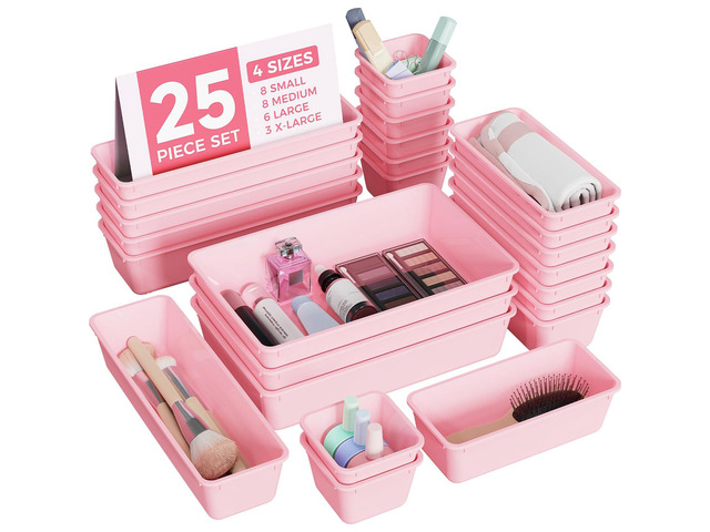25 PCS Plastic Drawer Organizers Set, 4-Sizes Vanity and Makeup Organizer, Desk and bathroom Drawer Organizer Trays, Organizers and Storage for...