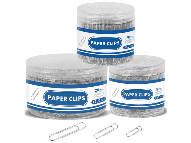 1800 Paper Clips Assorted Sizes, Small Medium Large, 3 Storage Containers 50mm, 33mm and 28mm Silver Paper Clips, Durable and Rustproof, 1800 Count...