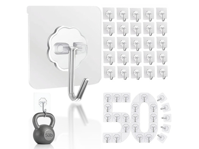 Hooks for Hanging, 50 Pack Wall Hooks 50lb(Max) Transparent Reusable Waterproof Adhesive Hook for Kitchen Curtain, Towel Hook for Bathrooms, Heavy...