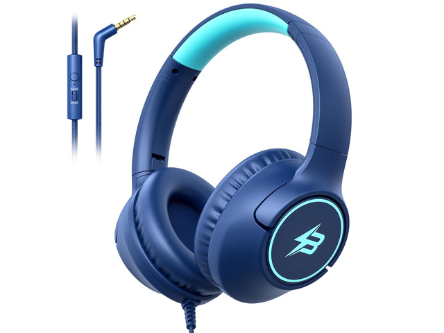 Kids Headphones Wired for School, 3.5mm Safe Volume Limited with Mic, Navy Plug in Kid headphones with Cord, Over Ear Foldable, 85/94dB for Toddler...
