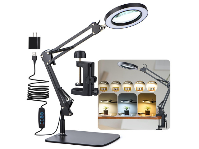 LED Magnifying Desk Lamp with Stand and Clamp for Repair, Crafts, Reading 5-Diopter Glass Lens, 3 Color Modes, Stepless Dimming, Adjustable Swivel...
