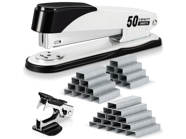 Stapler Heavy Duty, 2000 Staples and Staple Remover, White 50 Sheet Capacity, No Jam, Full Strip, Non-Slip Office Stapler with Staples for Office,...