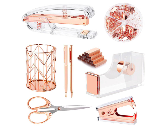 Rose Gold Desk AccessoriesOffice Supplies Set Acrylic Stapler Set Staple Remover, Tape Holder, 2 Ballpoint Pen, Scissor, Binder/Paper Clips and...