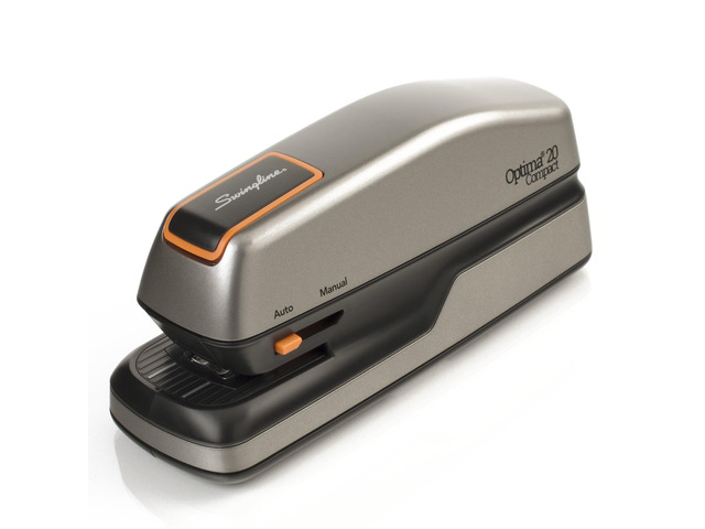 Electric Stapler, 20 Sheet Capacity, Optima 20, Jam Free, Compact, Automatic or Manual, Plug In or Battery, Orange and Gray (48207)