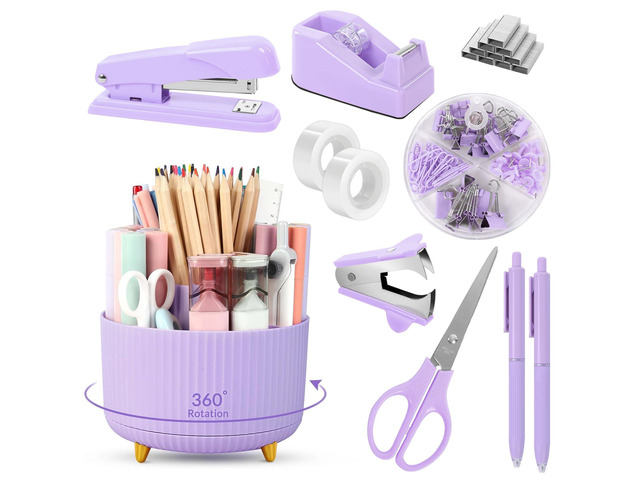 Purple Office Supplies Set with Pencil Holder for Desk,11 PCS Desk Supplies Sets with Stapler,Tape Dispenser, Scissors, Ruler, Binder/Paper Clips...