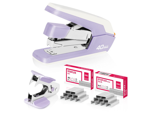 Effortless Desktop Stapler, Heavy Duty Stapler, Violet 40-50 Sheet Capacity, One Finger, No Effort, Includes 1500 Staples & Staple Remover
