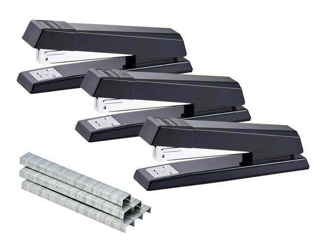 Office No-Jam Premium Desktop Stapler, Full-Strip, Black, 1,250 Staples Included, 3-Pack