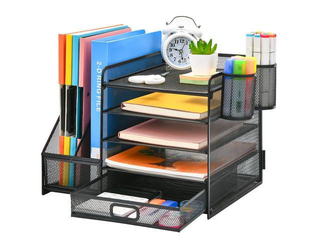 Desk Organizer with File Holder, 5-Tier Paper Letter Tray Organizer with Drawer and 2 Pen Holder, Mesh Desktop Organizer and Storage with Magazine...