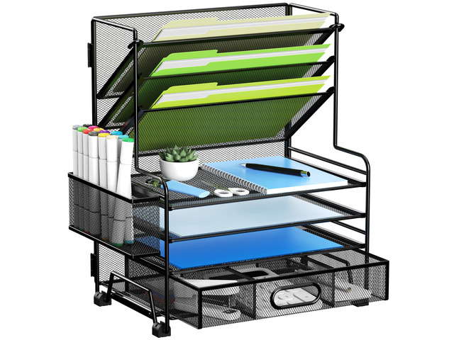 4-Tier Paper Organizer + 3-Pocket File Holder + Drawer + Pen Holders, Desktop File Organizers Paper Tray for Office Accessories School Classroom...