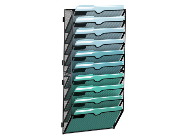 10-Tier Wall File Organizer, Hanging File Holder, Wall Mounted Mail Sorter Metal Mesh Hanging File Organizer with Open Compartments and Label...