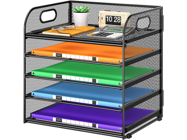 5 Tier Paper Organizer with Handle, Black Metal Mesh Desk Organizer File Folder Paper Letter Tray Desktop Document Sorter for Classroom, School,...