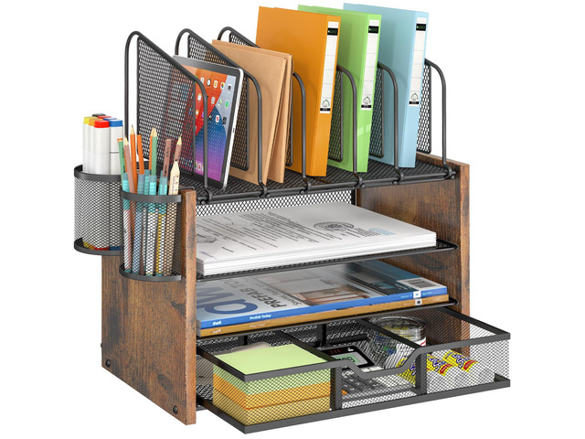 4-Tier Mesh Desk Organizer, Wooden Desk File Organizer with 5 Vertical File Holders and 2 Pen Holders, Desktop Organizers and Accessories with...