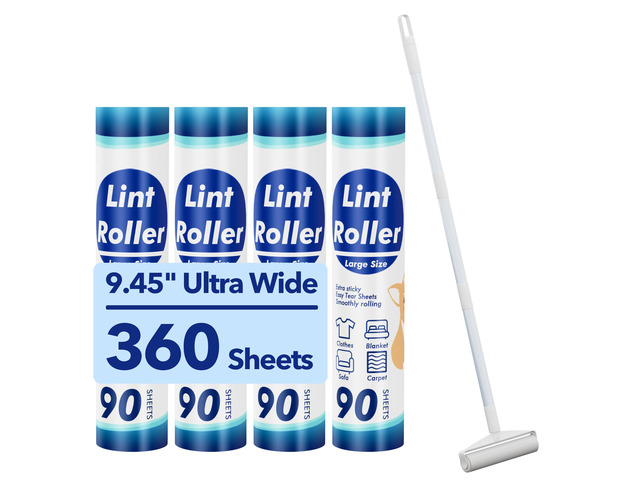 Large Lint Roller for Furniture, 9.45'' Rollers for Floor, 360 Sheets Long Handle for Carpet & Sofa, Extra Wide, NoBend Design for Elderly and Pet...