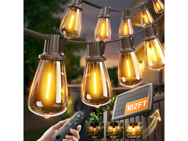 102FT(96+6) Solar String Lights Outdoor with Remote, Last 30+ Hrs Waterproof Patio Lights with 30 Shatterproof LED Bulbs, Dimmable & Timable Solar...