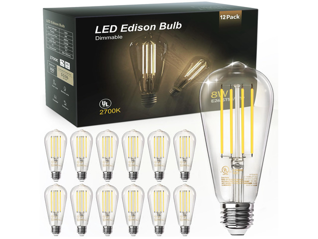 12 Pack Edison LED Light Bulbs, E26 Base, 8W 2700K, Dimmable Vintage ST58 Filament Design, 60W Equivalent, 800 Lumens, CRI 80+, Antique Glass...