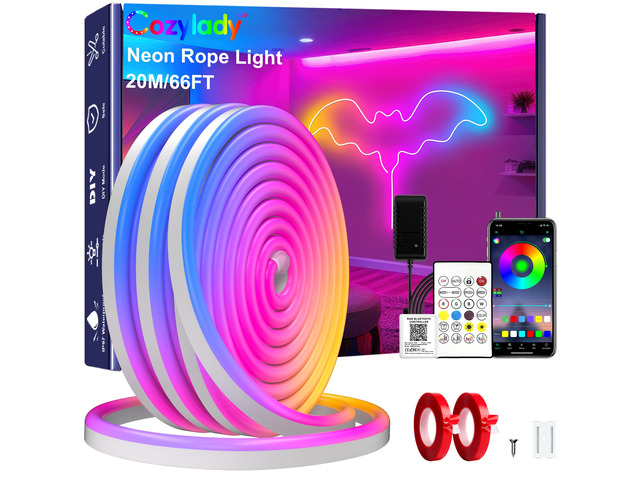 66Ft (33Ft * 2 Rolls) RGB LED Neon Rope Lights for Bedroom, 20m LED Strip Lamp with Double Sided Adhesive Tape, App/Remote Control DIY Lights...