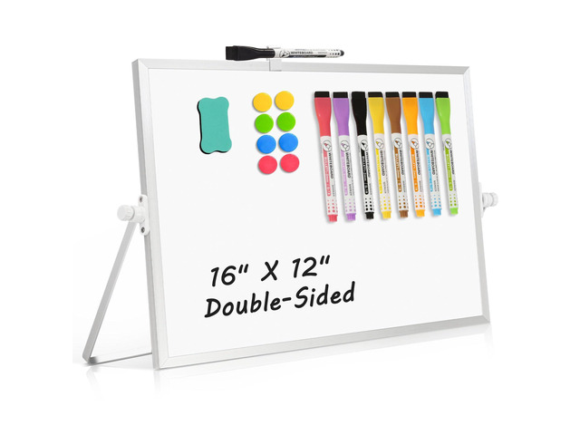 Double-Sided Magnetic White Board with Stand, 16' x 12' Dry Erase Board with Stand, Desktop Whiteboard Easel, Portable Small White board dry erase...