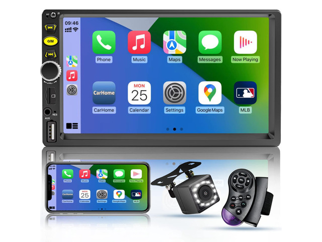 7 Inch Double Din Touch Screen Car Radio Apple CarPlay Bluetooth Car Stereo HD Backup Camera, FM Car Radio,Steering Wheel Controls,Mirror Link...