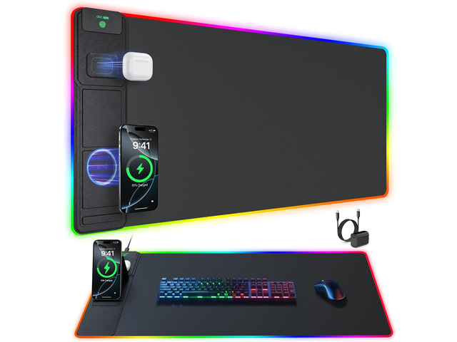 Wireless Charging Mouse Pad with Phone Stand, 31.5'x15.8' Large Gaming Mousepad RGB Desk Mat, Smooth Glide, Stitched Edge, Non-Slip Rubber Base,...