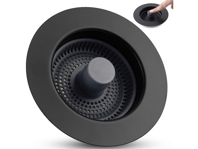 Universal 3 in 1 Kitchen Sink Drain Strainer Stopper Combo, Matte Black Stainless Steel Shell Pop Up Sink Stopper for US Standard 3-1/2 inch Drain...