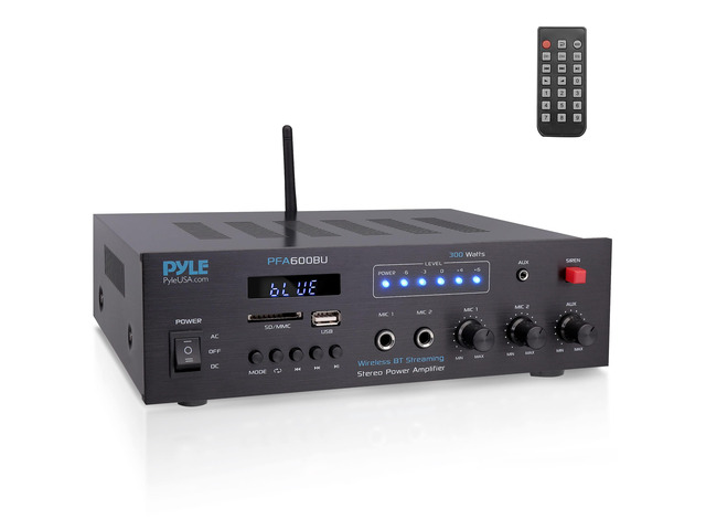 300W Bluetooth Karaoke Amplifier - 2-Channel PA System with FM Radio - USB/SD - AUX - 2 Mic Inputs - Siren Alarm - 12V Power Option - Remote...