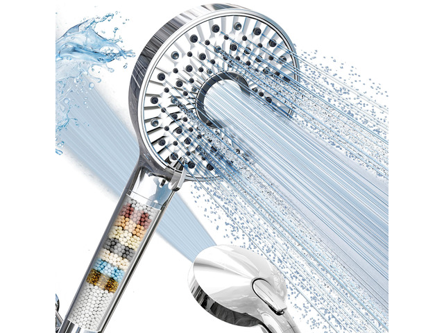 Filtered Shower Head with Handheld, 10-Mode Adjustable Detachable Chrome Showerhead w/Stainless Hose, Water Softener Filter Beads for Hard Water -...