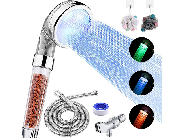 LED Shower Head with Handheld, High Pressure Shower Head with Hose, Holder & PTFE Tape etc, 3 Water Temperature-Controlled Water Saving Filtered...