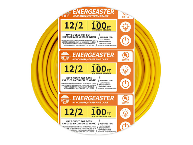 Solid Indoor 12/2 W/G NMB Cable 100ft, Electrical Wire, Yellow 100FT NMB Cable 12 Gauge Wire 2 Conductors 600V Bare Copper Non-Metallic Sheathed...