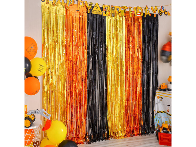 Construction Party Decorations, 2 Pack Tinsel Foil Fringe Curtains Construction Birthday Party Supplies, 3.3x6.6 ft Yellow Orange and Black Photo...