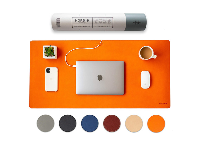 Leather Desk Mat -Tangerine Orange- Large Leather Desk Pad 35x17in Premium Vegan Leather Desk Pad with Cable Organizer for Office, Extended...