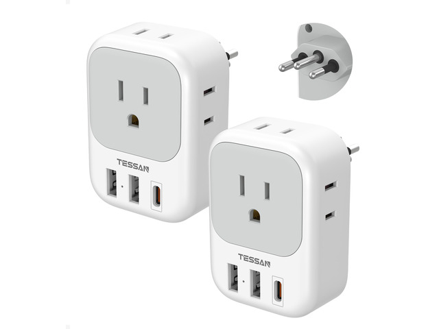 Brazil Plug Adapter 2 Pack, 7 in 1 US to Brazil Power Adapter 3 USB Ports (1 USB-C PD 20W Port) 4 American Outlets, Type N Travel Adaptor for USA...