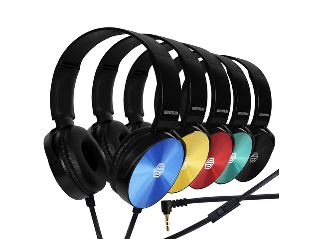 Premium Classroom Headphone with Microphone (5 Pack) - Kids Wired Earphones with Mic for School Students K-12 & Teachers, Soft Swivel On Ear Pads-...