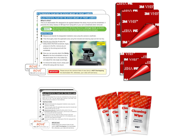 Electrostatic Films and 3M Sticky Tapes, 2 Pack Each, Front and Rear For R2-4K DUAL Dash Cam Mounting, Residue-Free Windshield Install, Includes...