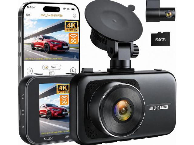 4K Dash Cam Front and Rear with 64GB Card, 5G WiFi & App Control Full HD 3.0' IPS Screen Dash Camera for Cars with Night Vision, WDR, G-Sensor,...