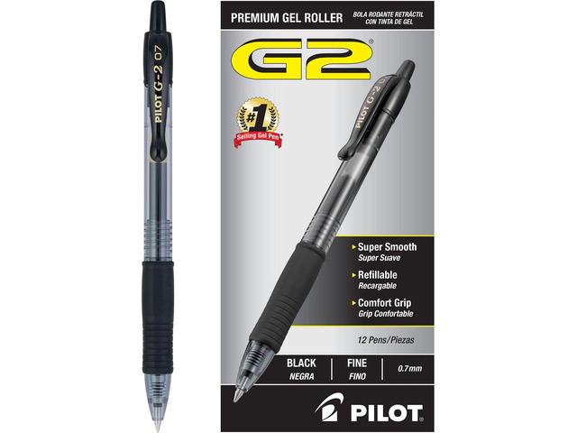 G2 Pens, Premium Refillable and Retractable Rolling Ball Gel Pens, Fine Point, 0.7mm, Black Ink, 12-Pack