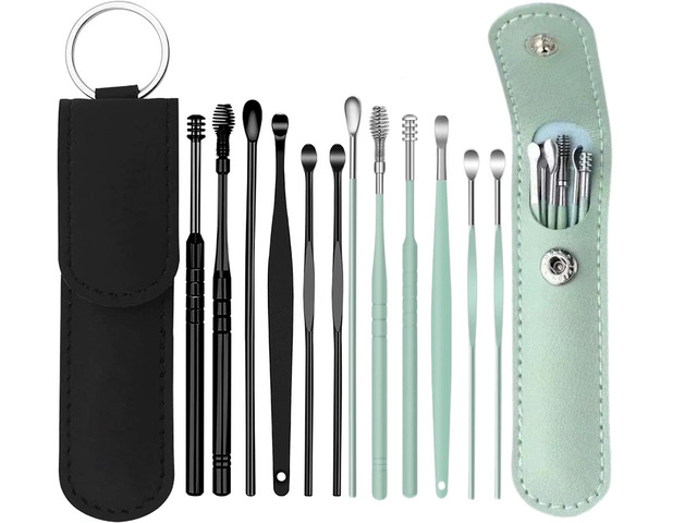 12 Pcs Ear Pick Earwax Removal Kit, Ear Cleaning Tool, Stainless Steel Earwax Removal Tool with Leather Storage Box (Black & Green)