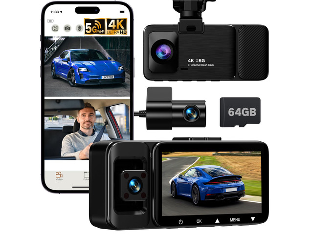 4K Dash Cam Front and Rear Inside, 3 Channel Dash Camera for Cars with 64GB SD Card, 5G WiFi Dash Cam, APP Control, Night Vision, 3' IPS Screen,...