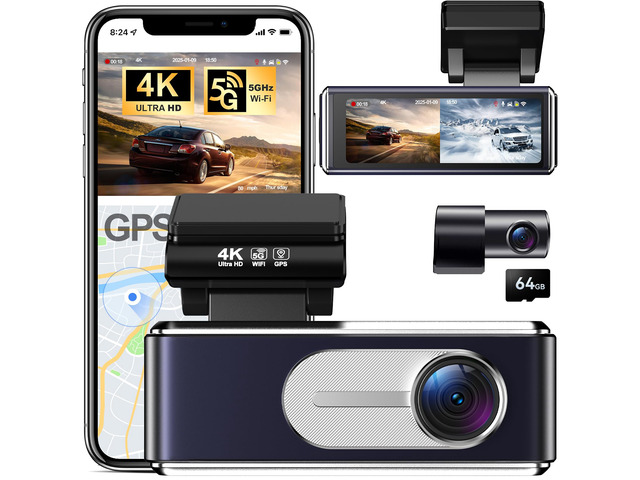 4K Dash Cam Front and Rear,with 64GB Card,Built in 5.8GHz WiFi & GPS Car Camera,Super Night Vision,Advanced Driver Assistance System,3.2'IPS...