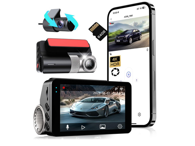 4K Dash Cam Front and Rear, G-Sensor, Free 64GB Card Included, 5.8GHz WiFi with Dash Camera for Cars, Time-Lapse Recording, 3' HD IPS, 24H Parking...