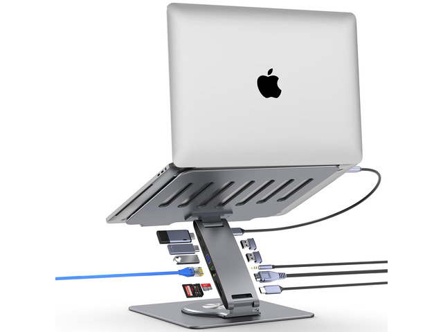 Adjustable Laptop Stand for Desk with Docking Station 11-in-1, Aluminum Laptop Riser with USB Hub 360°Swivel Dual Display 4K60Hz HDMI Gigabit...