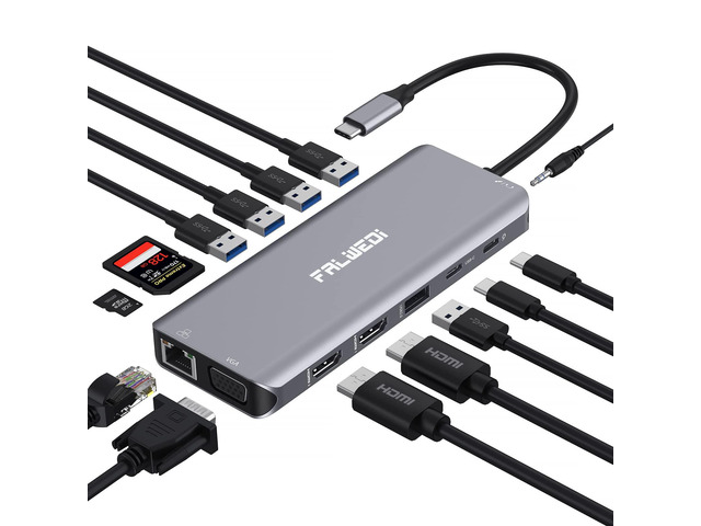 USB C Laptop Docking Station, 14 in 1 Type C Hub Multiport Adapter Dongle with 3 Monitors, Dual HDMI, VGA, PD, Ethernet, SD/TF, USB C/A Ports,...