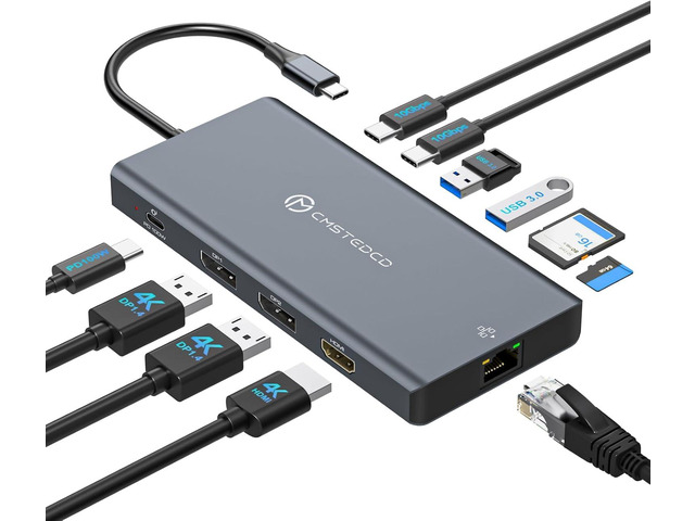 USB C Laptop Docking Station 3 Monitors with Dual DisplayPort 4K@120Hz and HDMI 4K@60Hz, 12 in 1 Thunderbolt Hub with USB A 3.0, USB C 3.2,...