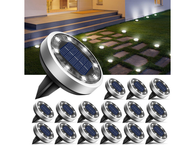 16 Pack Solar Lights Outdoor Waterproof, 8 LED Solar Ground Lights Stainless Steel, Easy-to-Install Flat Solar Disc Lights, Pathway Lights for...
